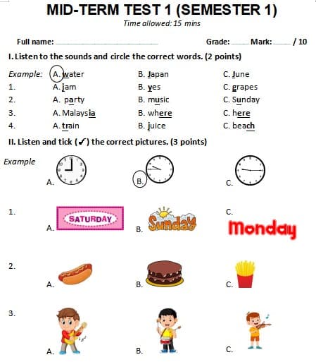 Bài kiểm tra tiếng Anh lớp 4 giữa kì 1 có đáp án