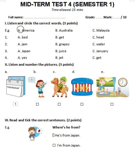 Đề thi Tiếng Anh lớp 4 giữa học kì 1 KNTT