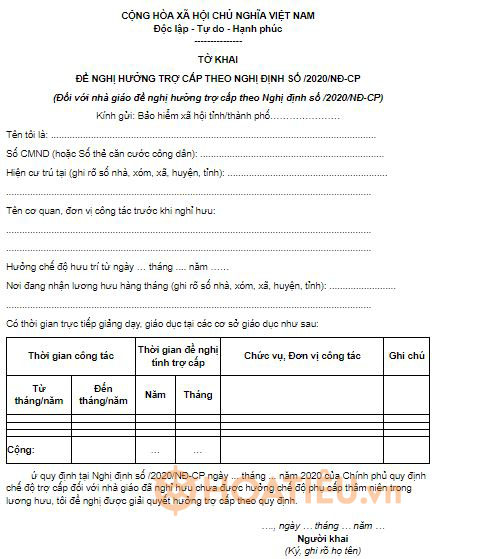 Mẫu bản kê khai hưởng phụ cấp thâm niên nhà giáo chuẩn Nghị định 14/2020