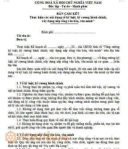 Mẫu bản cam kết thực hiện các nội dung về kỷ luật, kỷ cương hành chính của cá nhân 
