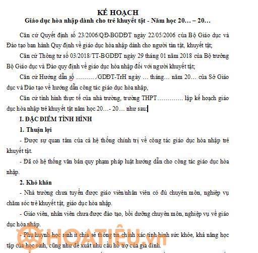 Kế hoạch giáo dục học sinh khuyết tật cấp THPT