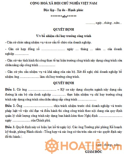 Mẫu quyết định về việc bổ nhiệm chỉ huy trưởng công trình