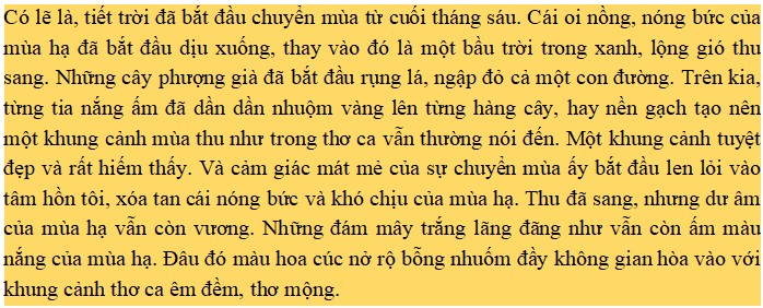 Viết đoạn văn (từ bảy đến chín câu) để trình bày cảm nhận của em về vẻ đẹp của thiên nhiên lúc giao mùa