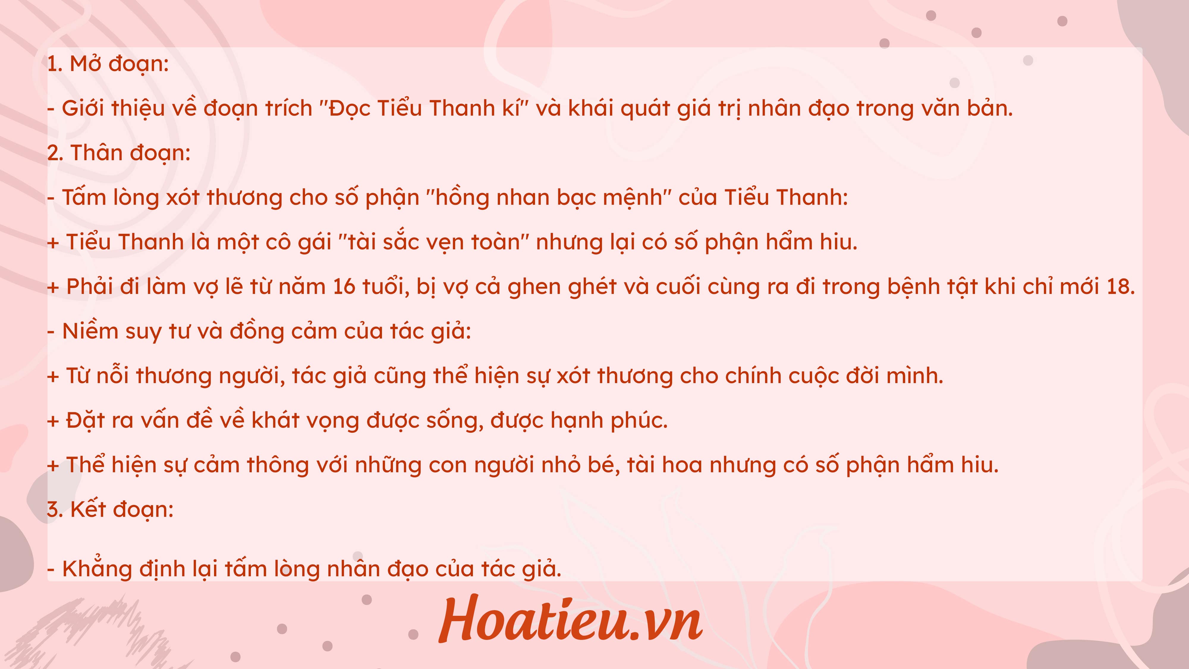 Dàn ý đoạn văn về tấm lòng nhân đạo của Nguyễn Du qua Đọc Tiểu Thanh kí 