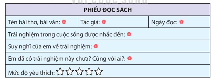 Đọc bài thơ, bài văn viết về trải nghiệm trong cuộc sống. Viết phiếu đọc sách theo mẫu