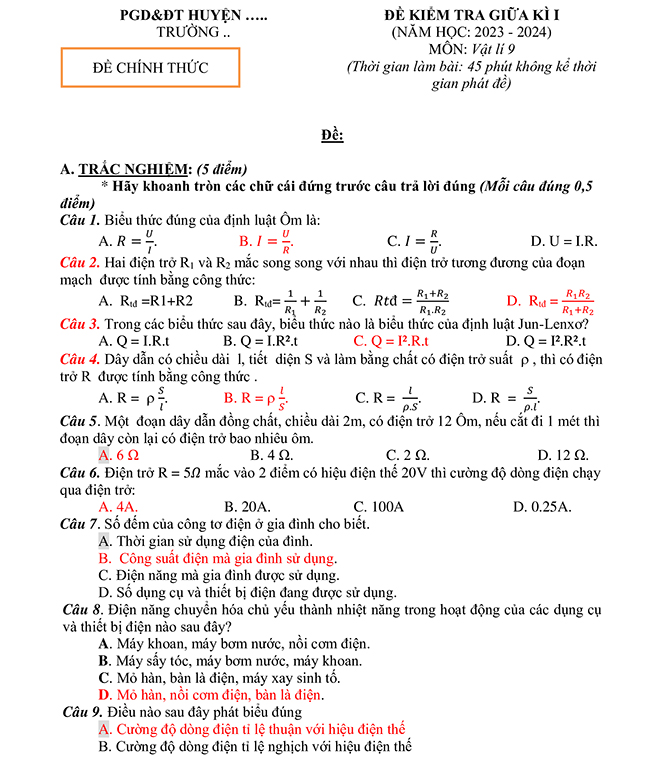 Đề thi giữa học kì 1 Vật lí 9