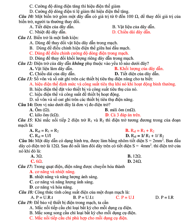 Đề thi giữa học kì 1 Vật lí 9