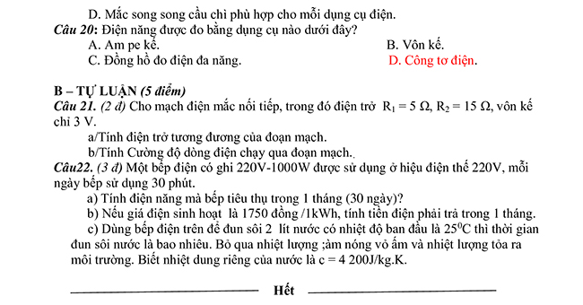 Đề thi giữa học kì 1 Vật lí 9
