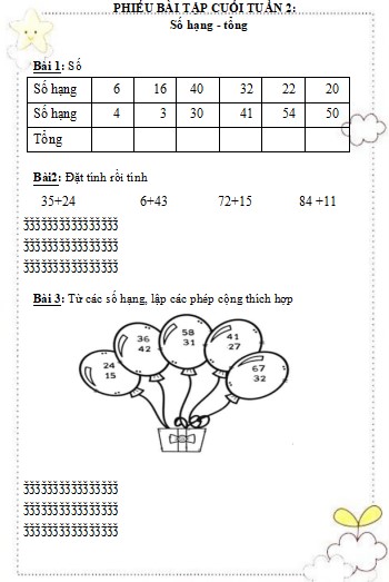 Phiếu bài tập cuối tuần Toán 2 sách Kết nối tri thức