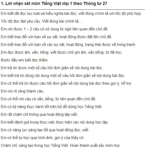 Mẫu nhận xét các môn học tiểu học theo Thông tư 27 - HoaTieuvn