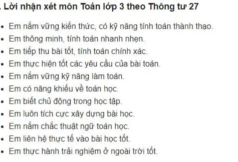 Mẫu nhận xét các môn học tiểu học theo Thông tư 27 - HoaTieuvn
