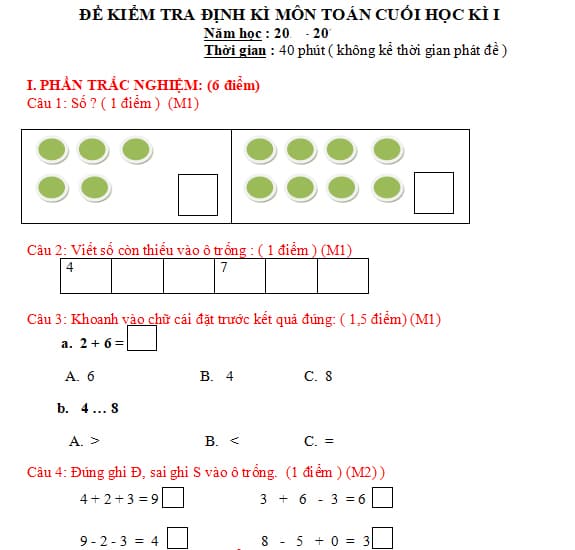 Đề thi học kì 1 môn Toán lớp 1 Cánh Diều