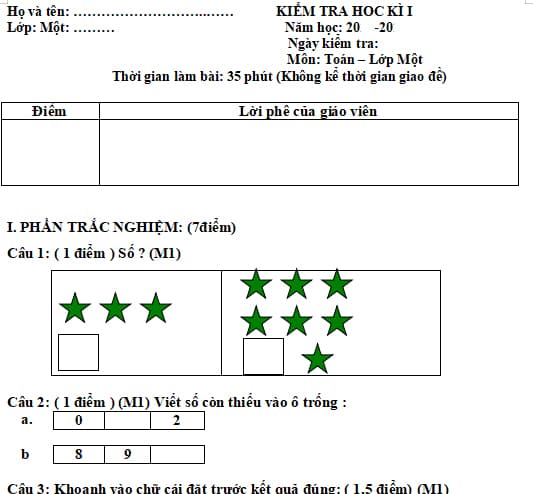  Đề thi học kì 1 môn Toán lớp 1 Cánh Diều 