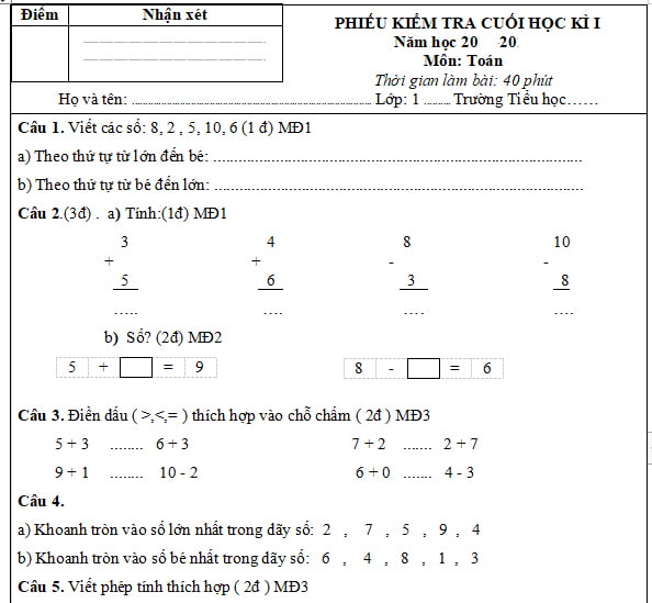 Đề thi học kì 1 môn Toán lớp 1 sách Cánh Diều