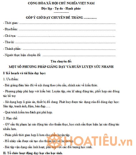 Mẫu biên bản góp ý giờ dạy chuyên đề