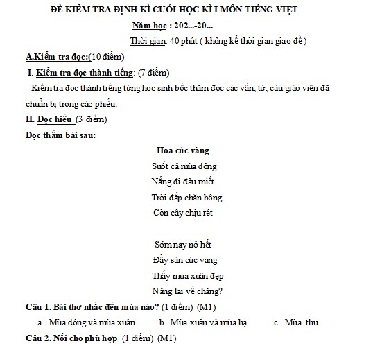 Đề thi học kì 1 lớp 1 môn Tiếng Việt