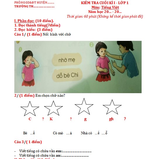 Đề thi Tiếng Việt lớp 1 Cuối Học kì 1 Cánh diều