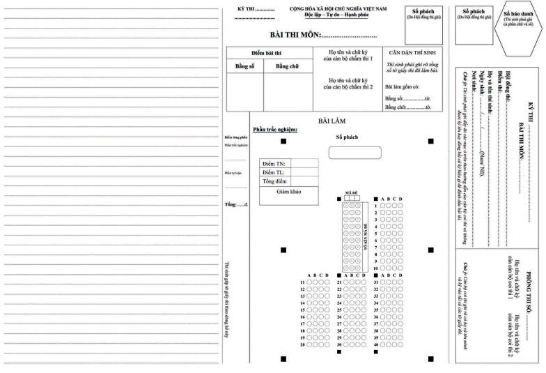 Phiếu trả lời trắc nghiệm TNMaker 40 câu mặt trước và mặt sau