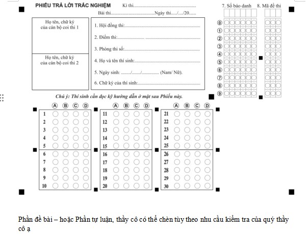 Mẫu phiếu Ngang phần mềm chấm trắc nghiệm TNMaker