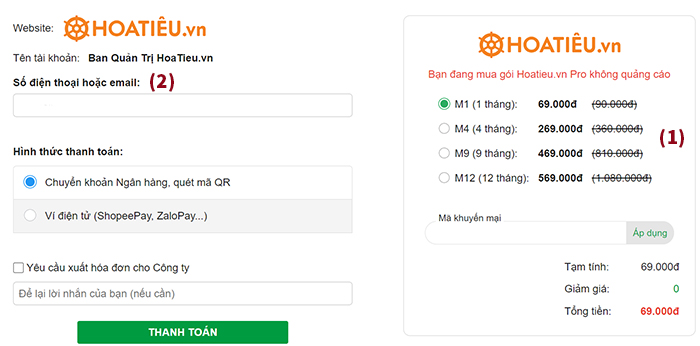 Hướng dẫn mua gói HoaTieu Pro