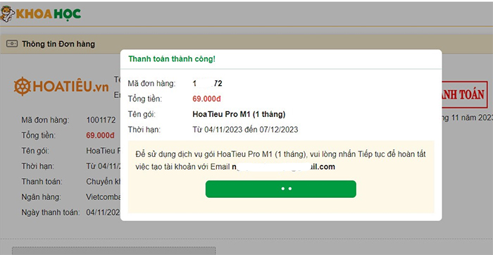 Thanh toán thành công gói HoaTieu Pro M1