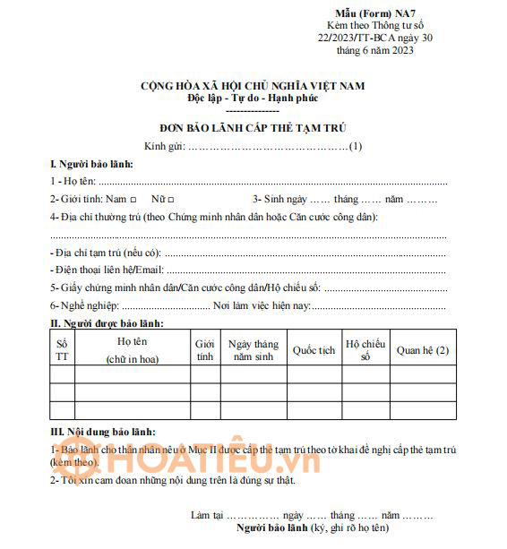 Mẫu đơn bảo lãnh cấp thẻ tạm trú cho người nước ngoài