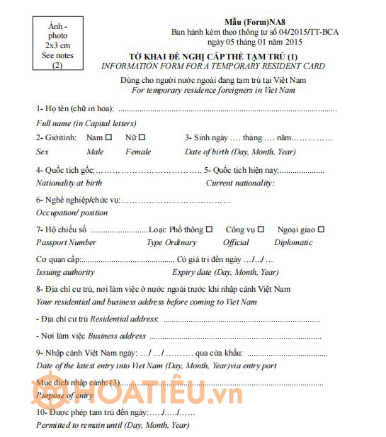 Mẫu NA8: Tờ khai đề nghị cấp thẻ tạm trú
