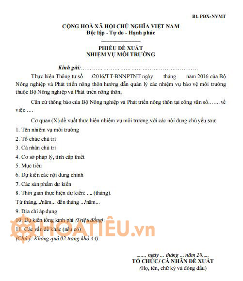 Phiếu đề xuất nhiệm vụ môi trường