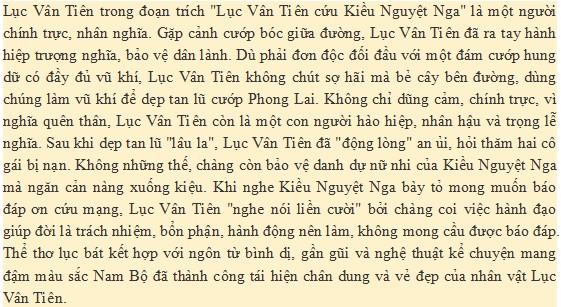 Viết đoạn văn trình bày cảm nhận của em về nhân vật Lục Vân Tiên