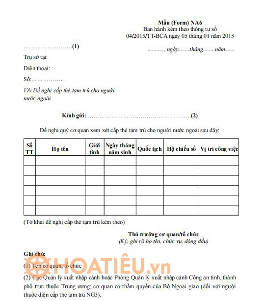 Mẫu NA6: Công văn đề nghị cấp thẻ tạm trú