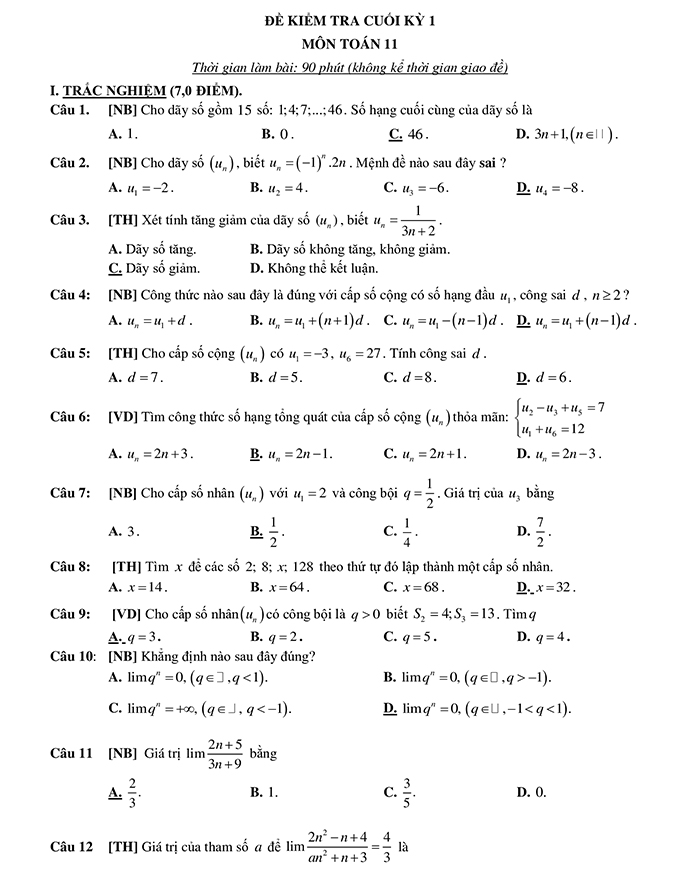 Đề kiểm tra môn Toán lớp 11 học kì 1 Cánh Diều
