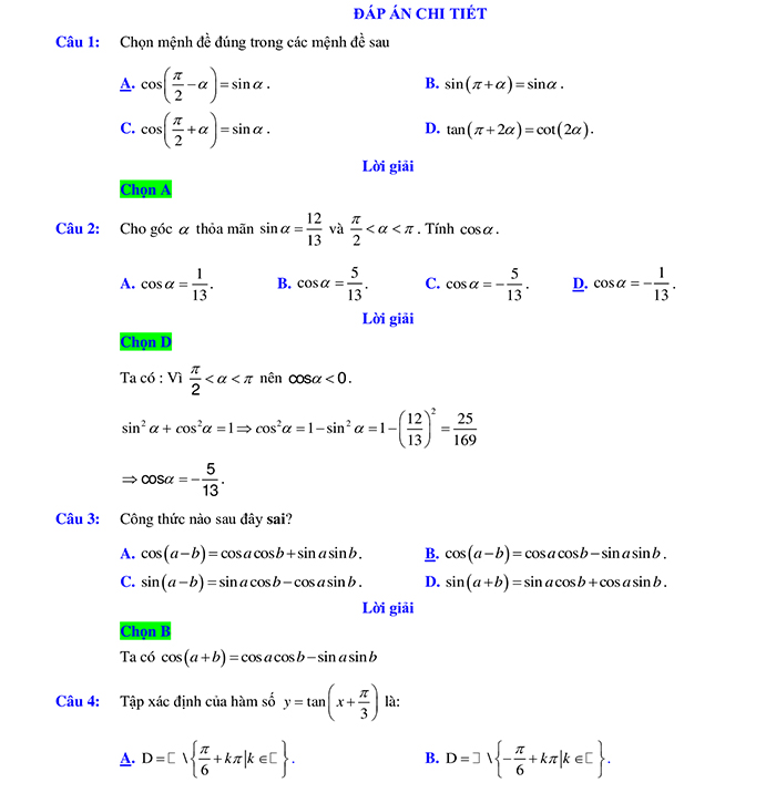 Đáp án đề thi cuối học kì 1 môn Toán 11 KNTT