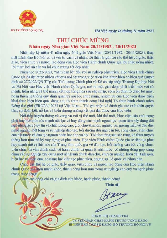 Thư chúc mừng 20-11 của Bộ trưởng Bộ nội vụ