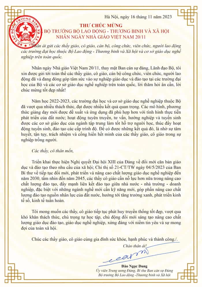 Thư chúc mừng 20-11