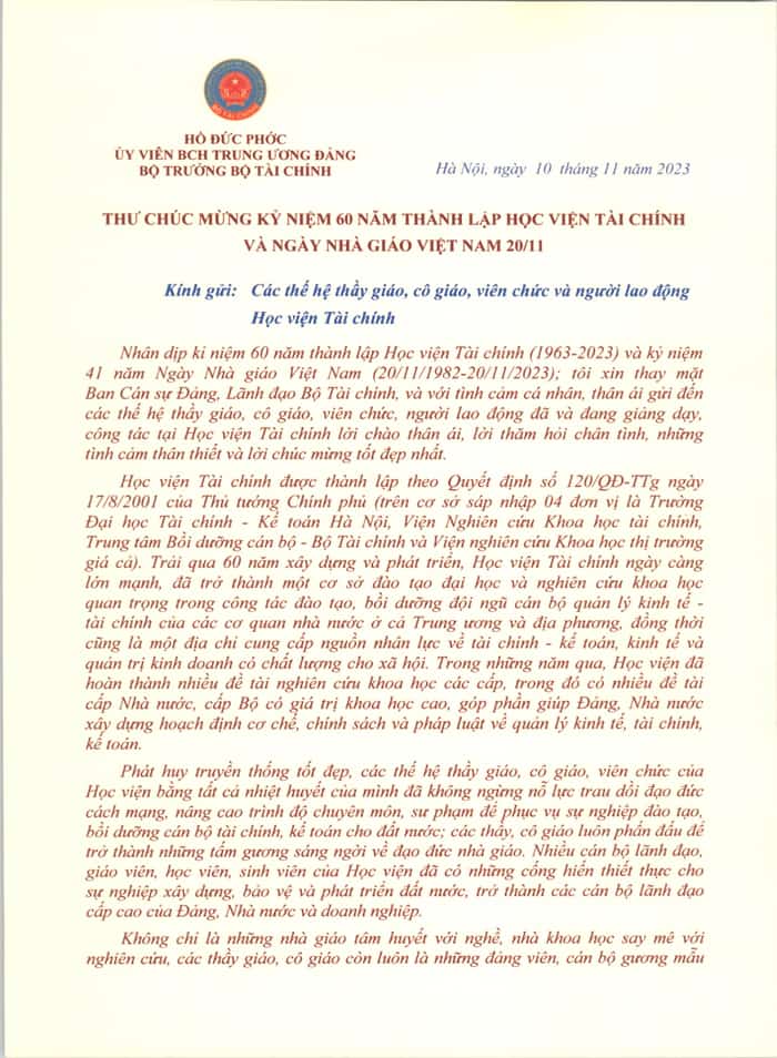 Thư chúc mừng Ngày Nhà giáo Việt Nam 20/11