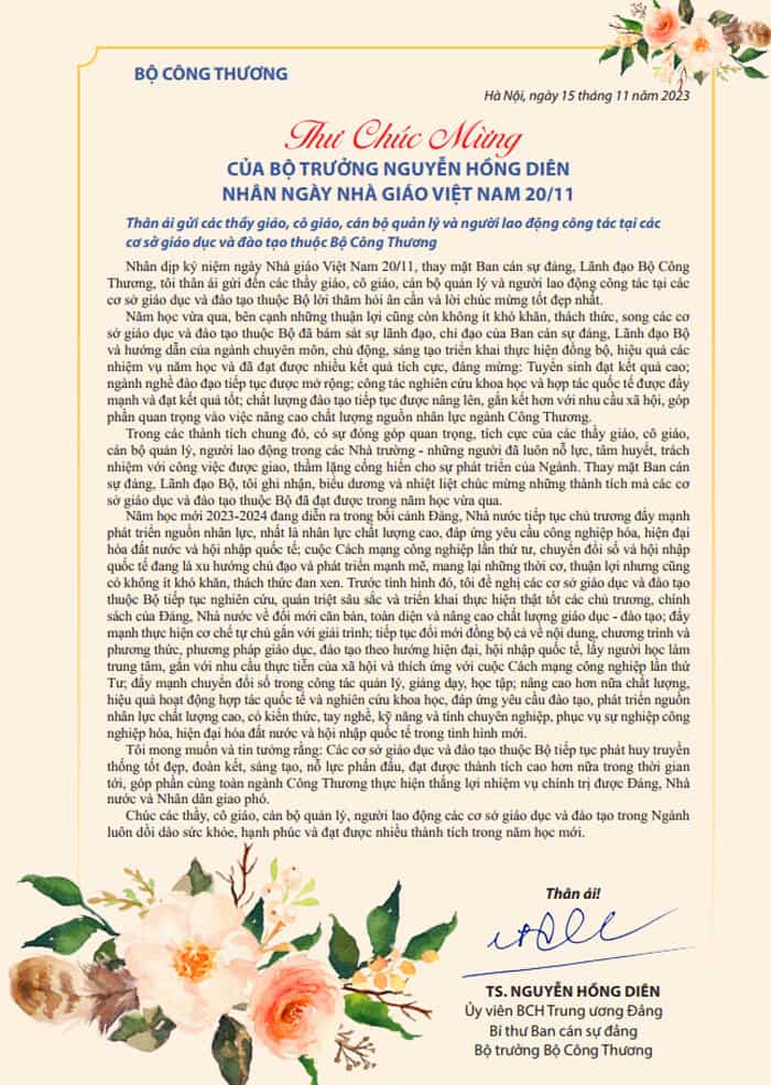 Thư chúc mừng 20-11 của Bộ trưởng Bộ công thương