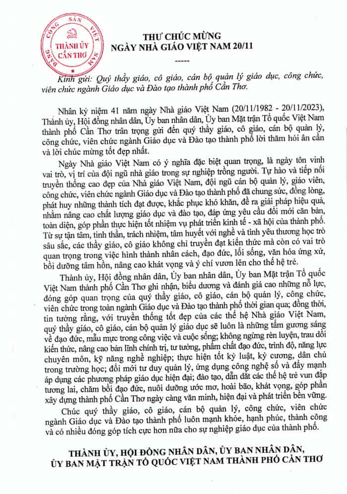 Thư chúc mừng ngày nhà giáo Việt Nam 20/11