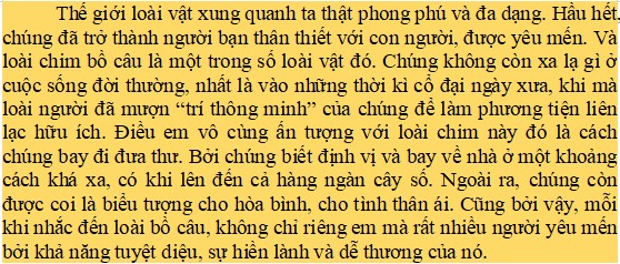 Viết đoạn văn (khoảng 8 – 10 dòng) nêu những điều về chim bồ câu mà em thích