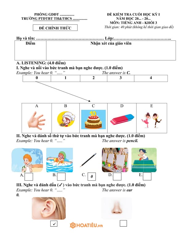  Đề thi Tiếng Anh lớp 3 học kì 1 