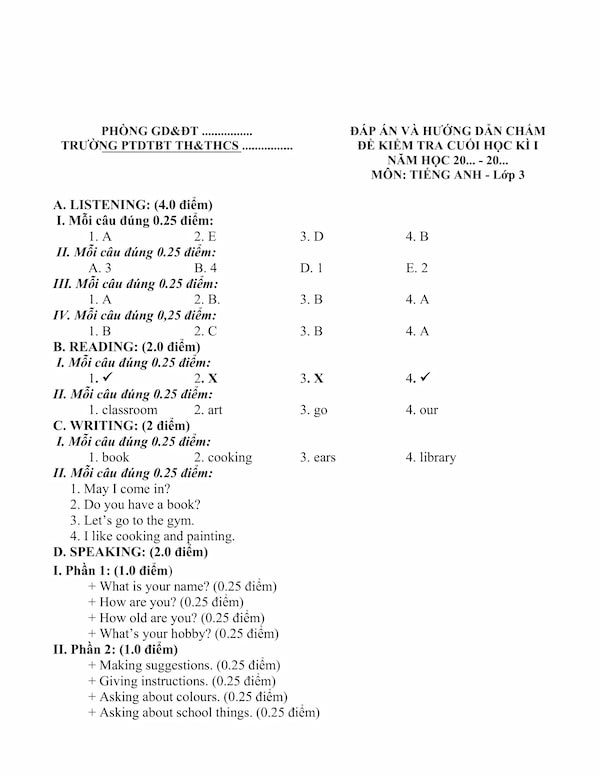 Đáp án Đề thi Tiếng Anh lớp 3 cuối kì 1 