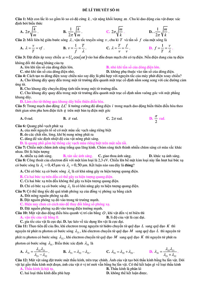 Trắc nghiệm lý thuyết Vật lý 12 có đáp án