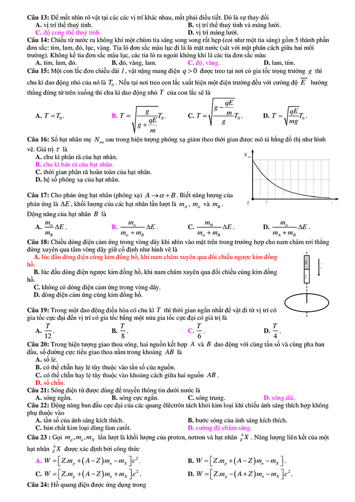 Trắc nghiệm lý thuyết Vật lý 12 có đáp án