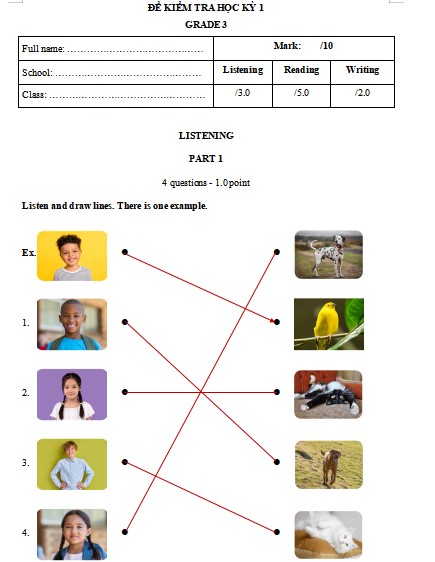 Đáp án đề thi cuối kì 1 Tiếng Anh lớp 3 I Learn Smart Start