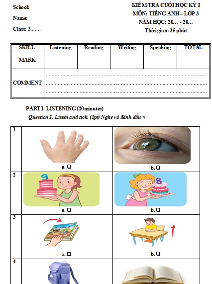 Đề thi Tiếng Anh lớp 3 học kì 1 Global Success