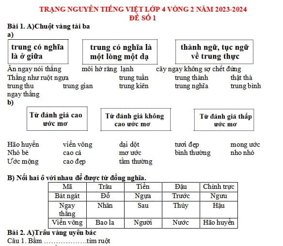 Đề thi Trạng nguyên Tiếng Việt lớp 4 năm 2023-2024