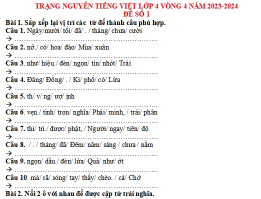 Đề thi Trạng nguyên Tiếng Việt lớp 4 năm 2023-2024