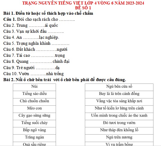 Đề thi Trạng nguyên Tiếng Việt lớp 4 năm 2023-2024