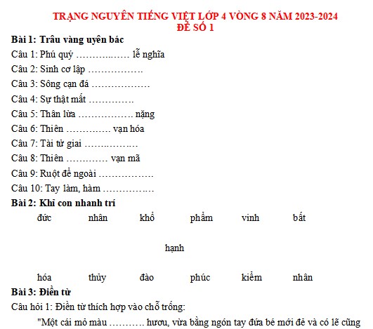 Đề thi Trạng nguyên Tiếng Việt lớp 4 năm 2023-2024