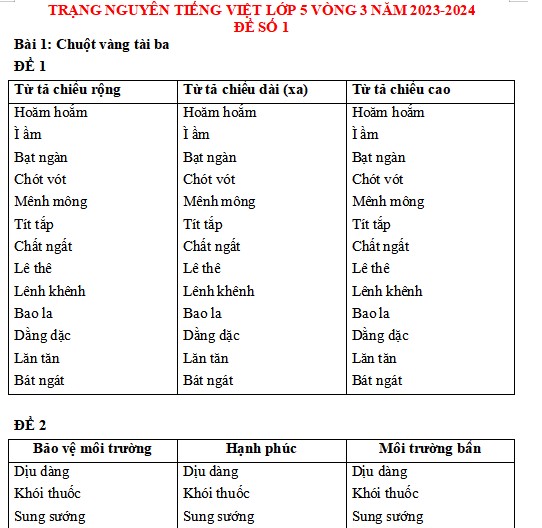 Đề thi Trạng nguyên Tiếng Việt lớp 5 năm 2023-2024