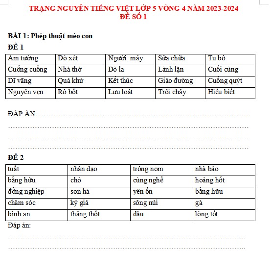Đề thi Trạng nguyên Tiếng Việt lớp 5 năm 2023-2024